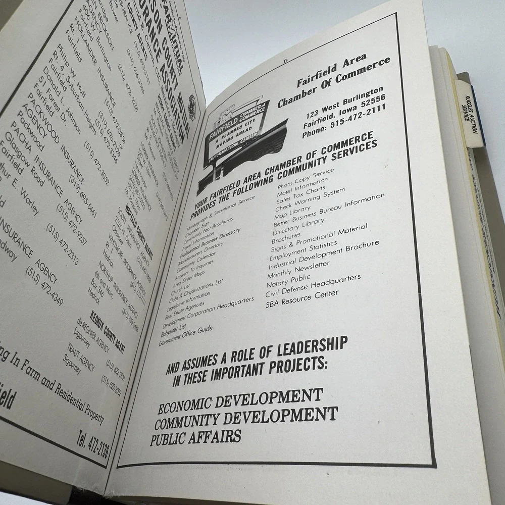 1986 Fairfield Iowa City Business Directory HC Book Phone Advertisements Ads Vtg
